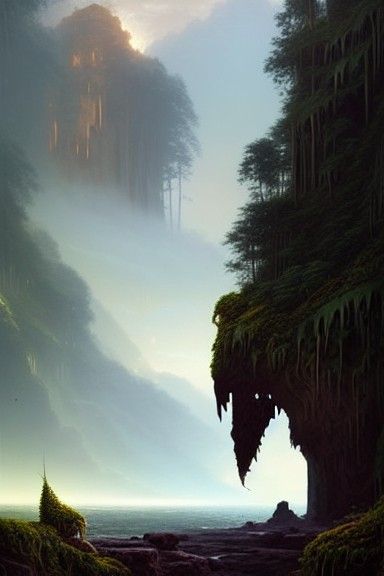 Lush Cliffside Ferns: Hyperdetailed Matte Painting