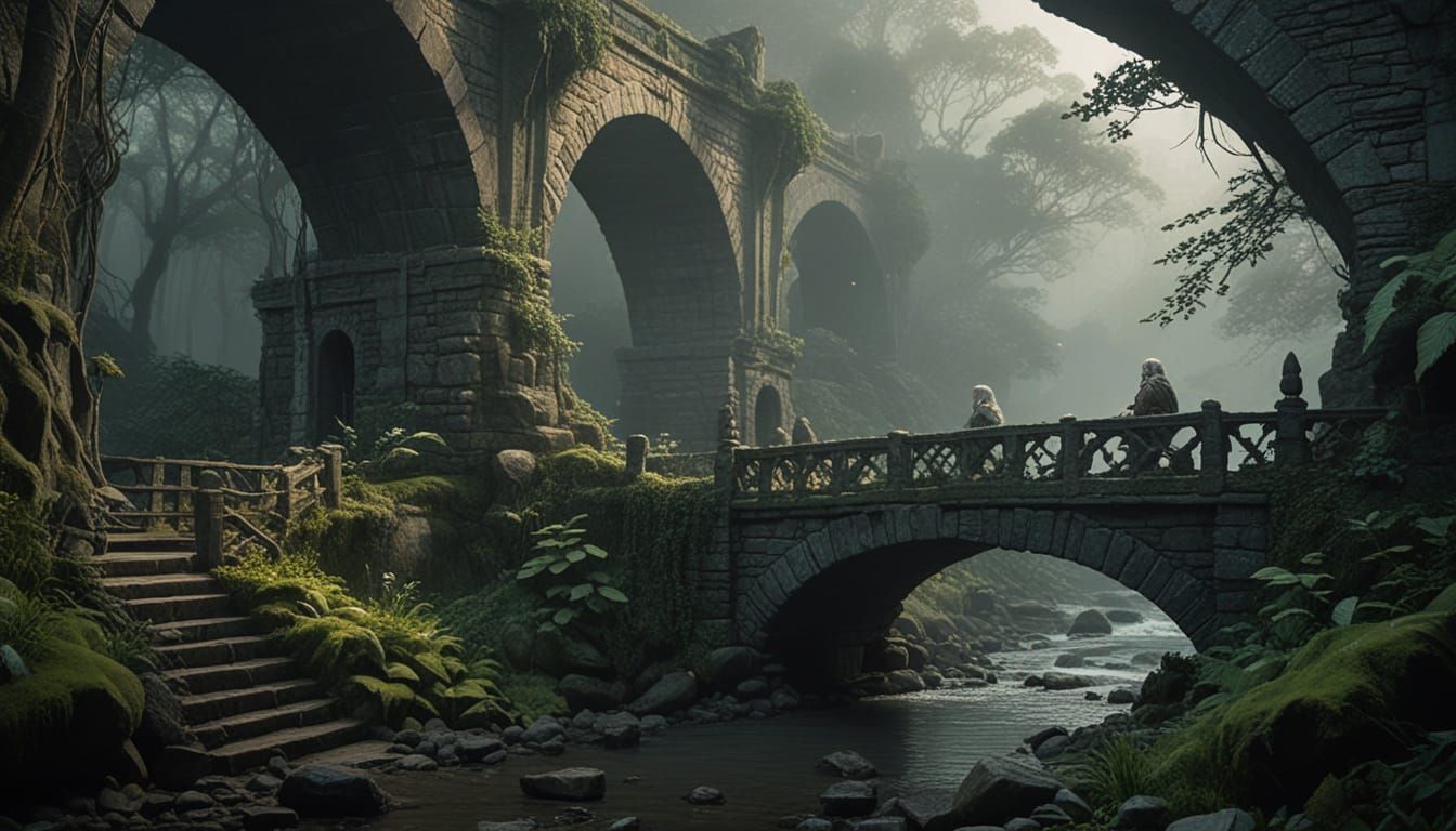 Mystical Stone Bridge with Trolls in Fantasy Forest
