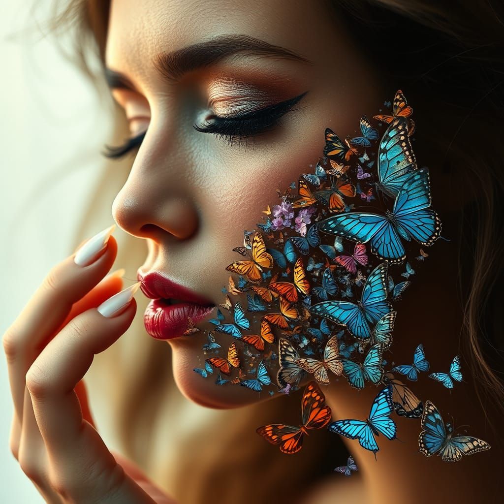 Woman Kissing Butterfly Bird Portrait