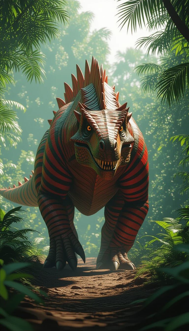 Red-Striped Dinosaur Walks Through Jungle in 3D Animation