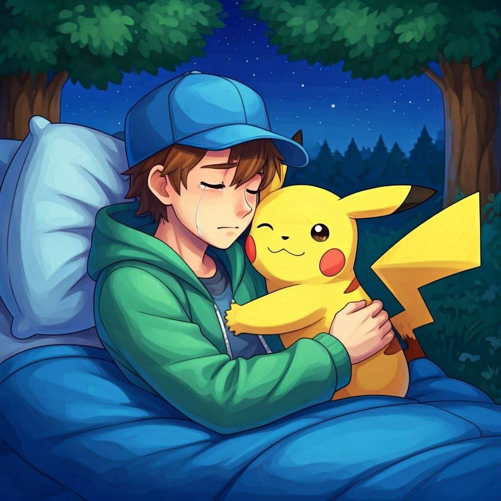 Pokémon Trainer Comforted by Pikachu in Watercolor Style