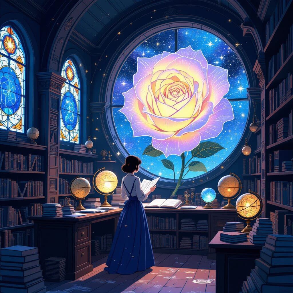 Cosmic Librarian in Rose Library, Miyazaki Style