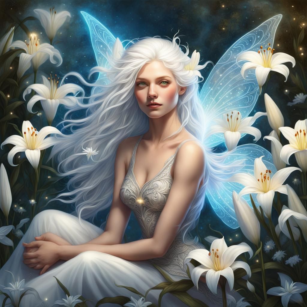 Glowing Fairy in White Lily Garden, Detailed Matte Painting