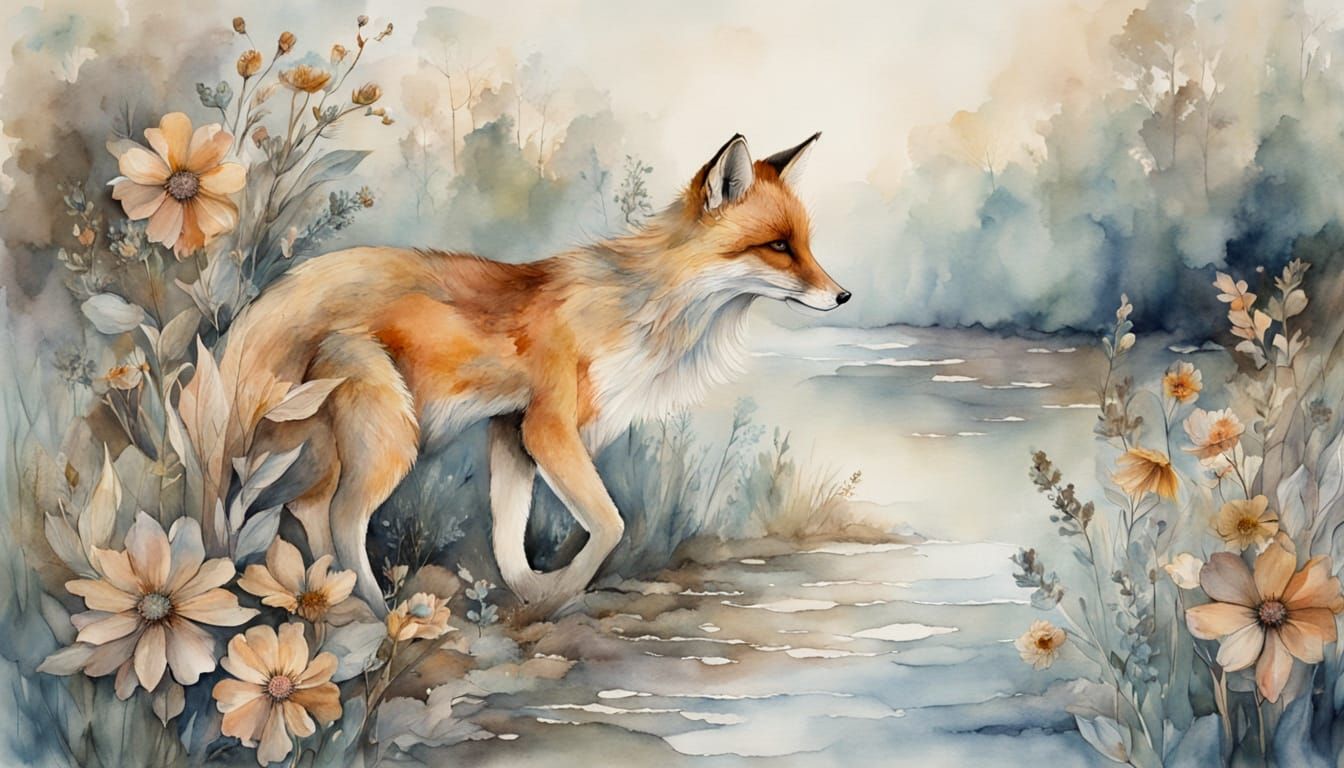 Tribal Girl and Fox by Misty Riverbank in Watercolor
