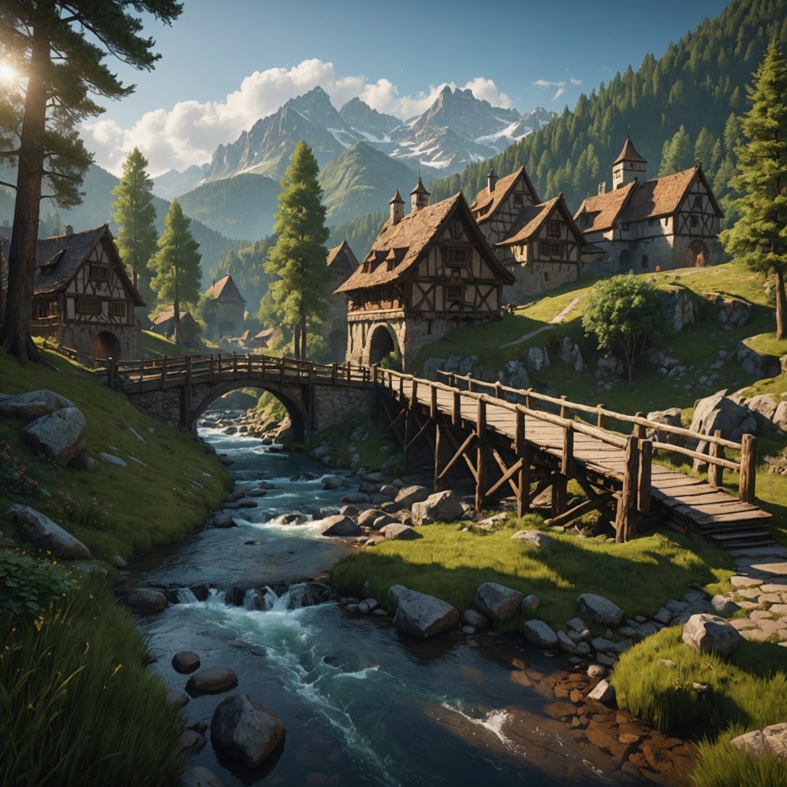 Mountain Stream Crossing: A Detailed Matte Painting
