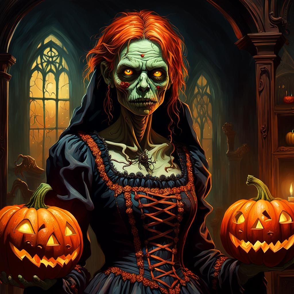 Zombie Decorating Pumpkin in Haunted House Painting