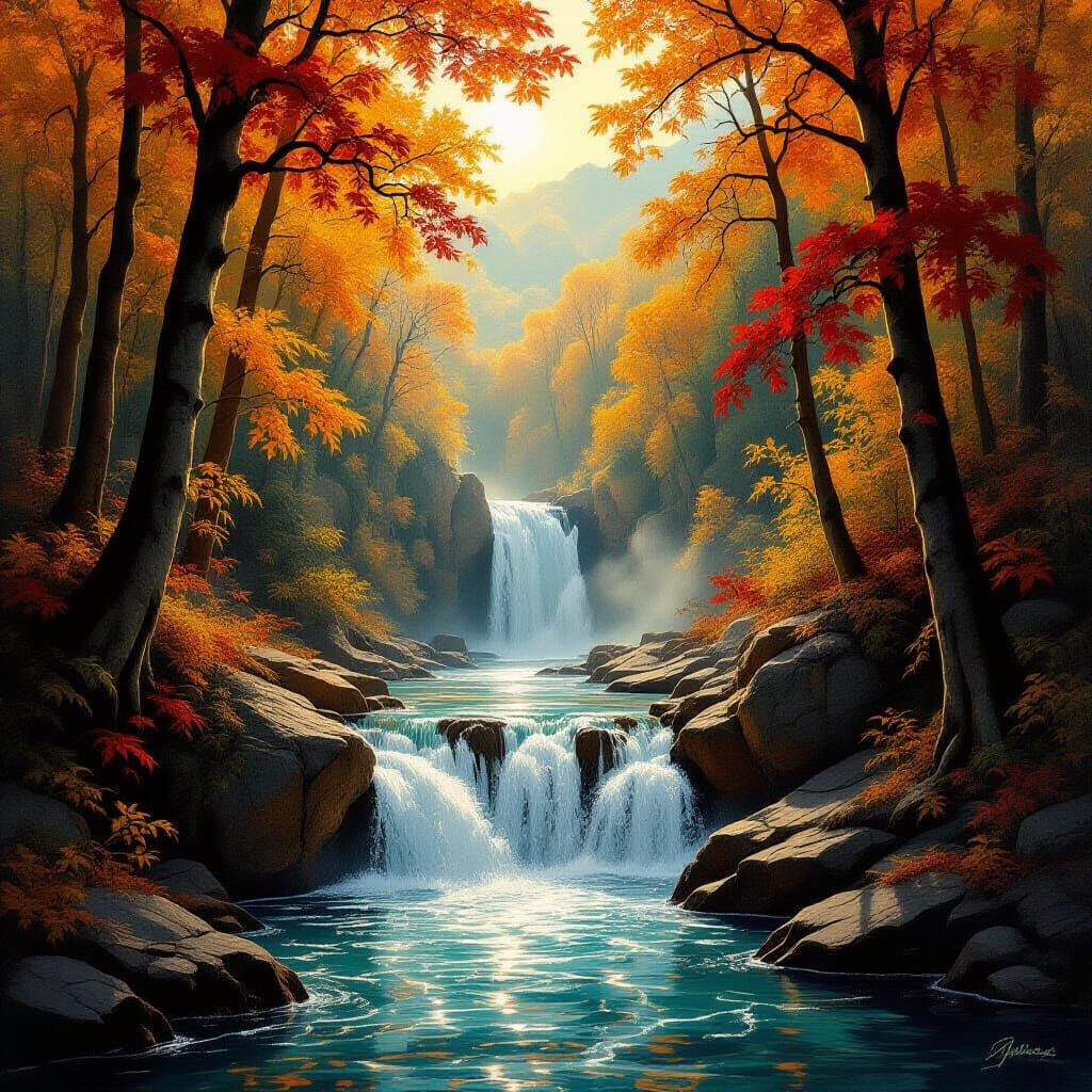 Autumn Forest River & Waterfall in Michelangelo Style
