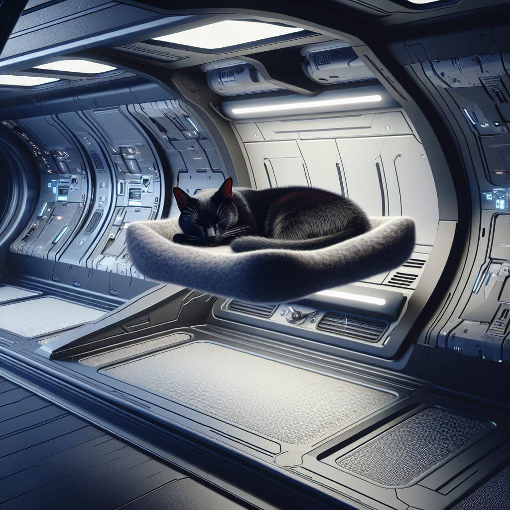 Black Cat Napping in Futuristic Spacecraft Cabin