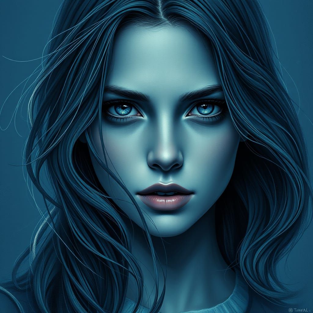Hyper-Realistic Woman Portrait in Deep Blue Monochromatic To...