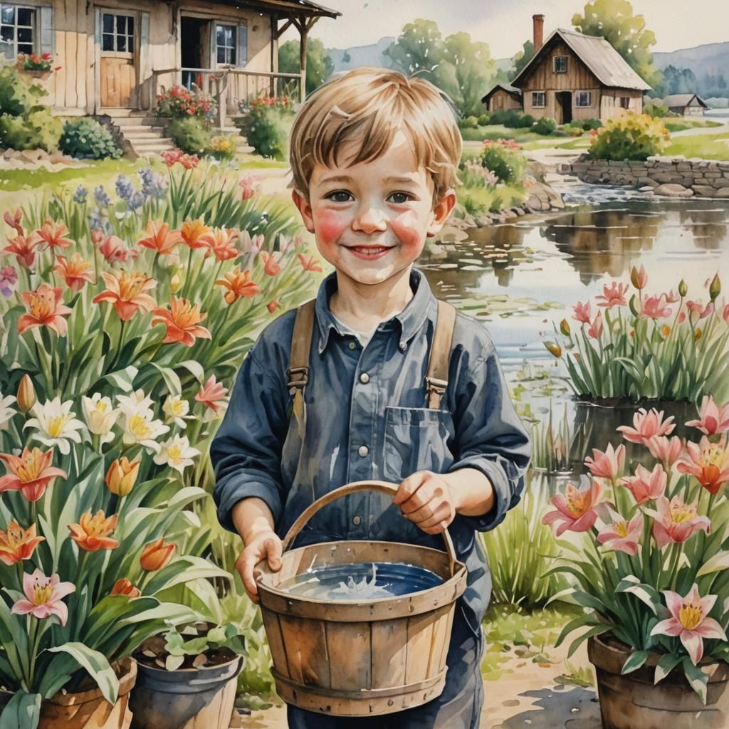 "A cute realistic 4-year-old boy holding a wooden bucket of ...