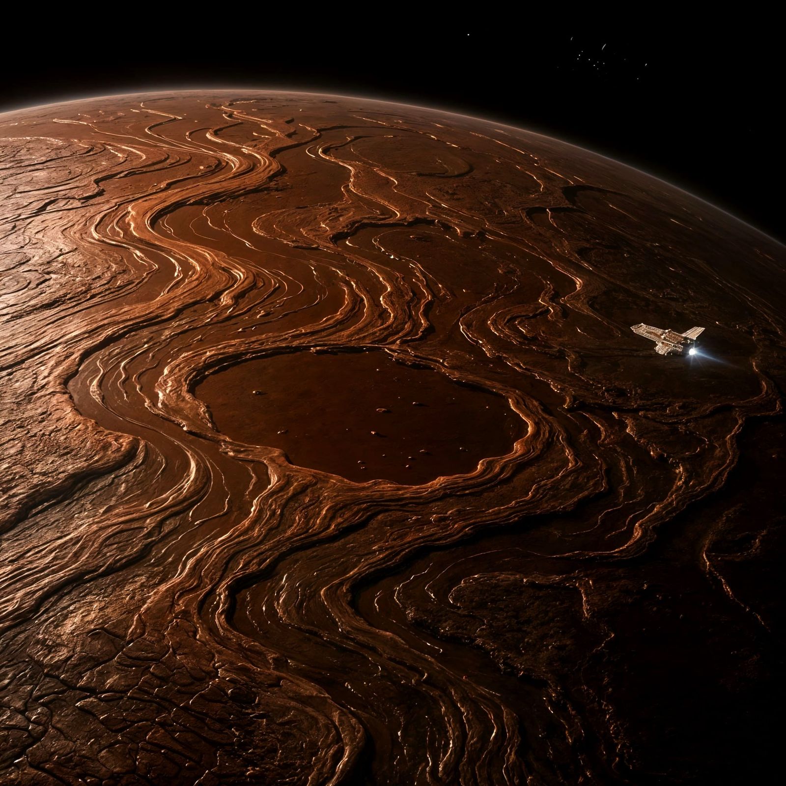 Chocolate Planet with Molten Rivers from Orbit