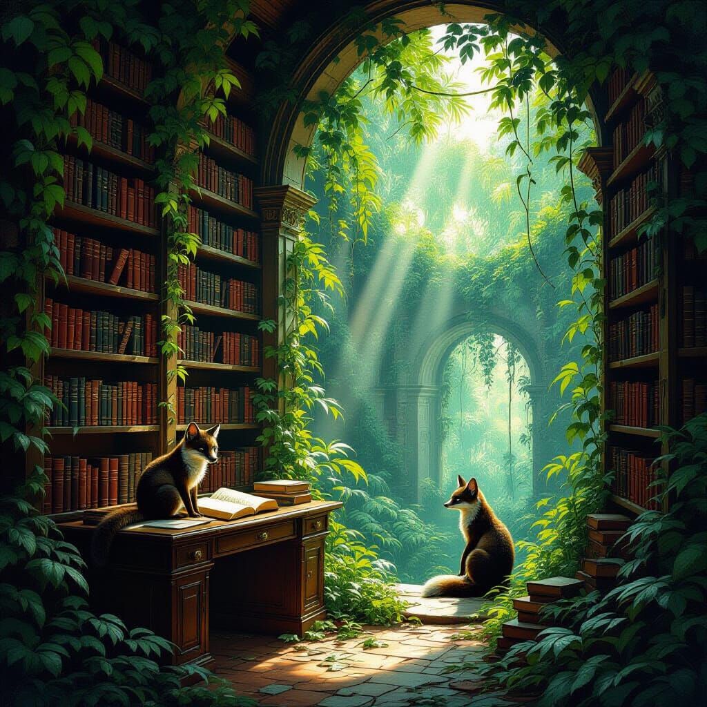 Jungle Library with Sunlight in a Classical Style