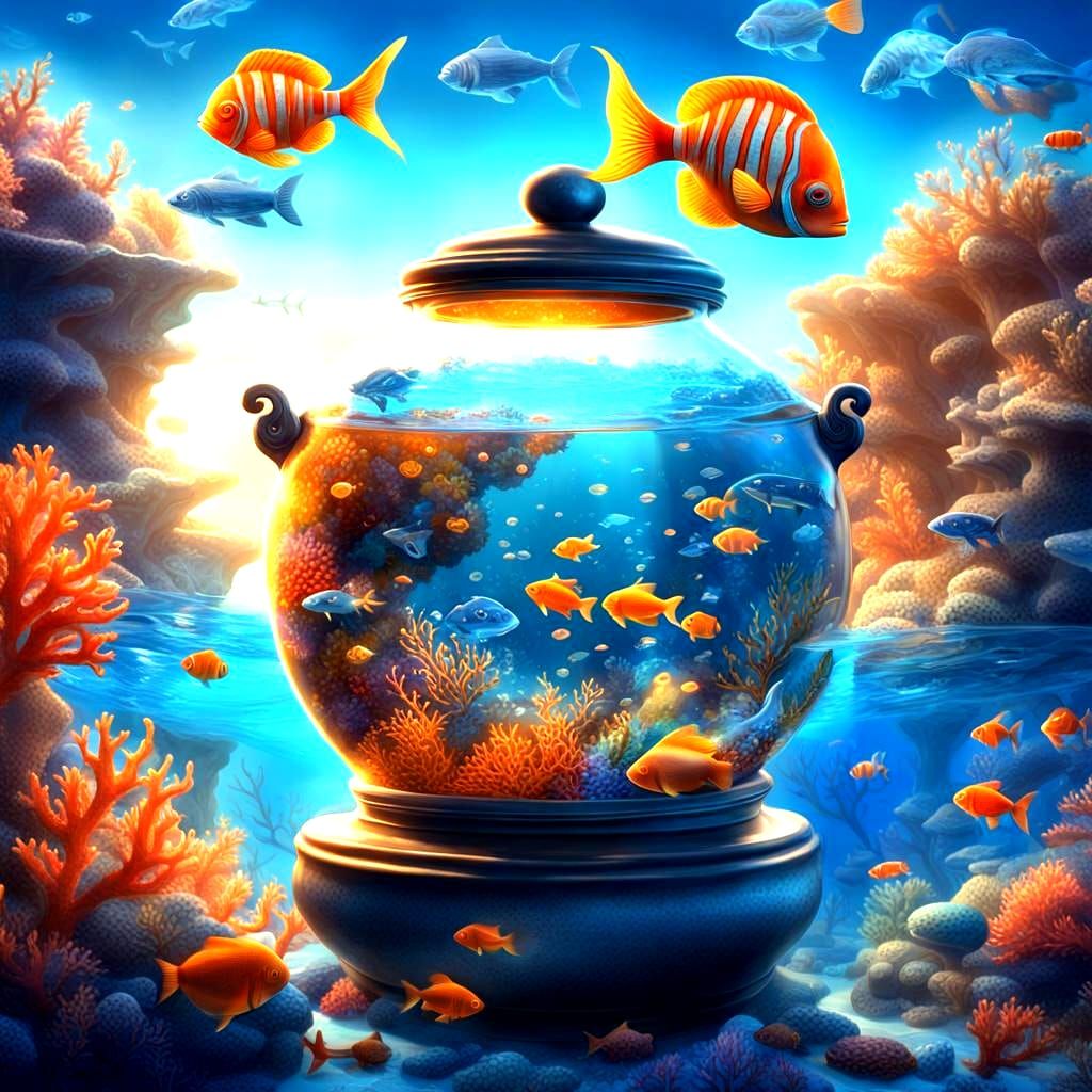 Underwater Pot with Sea Creatures in Detailed Matte Painting