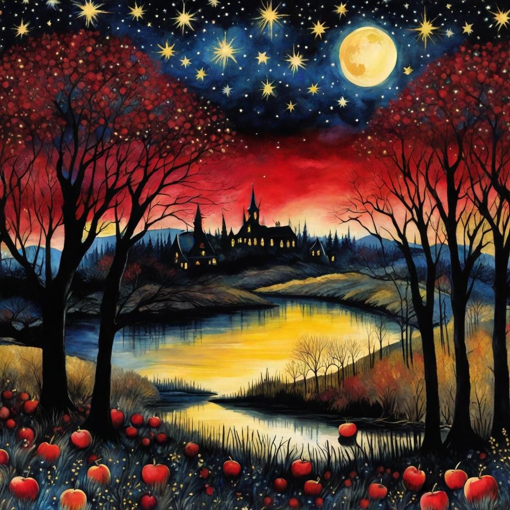 Gothic Forest Under Starry Night, Watercolor Style