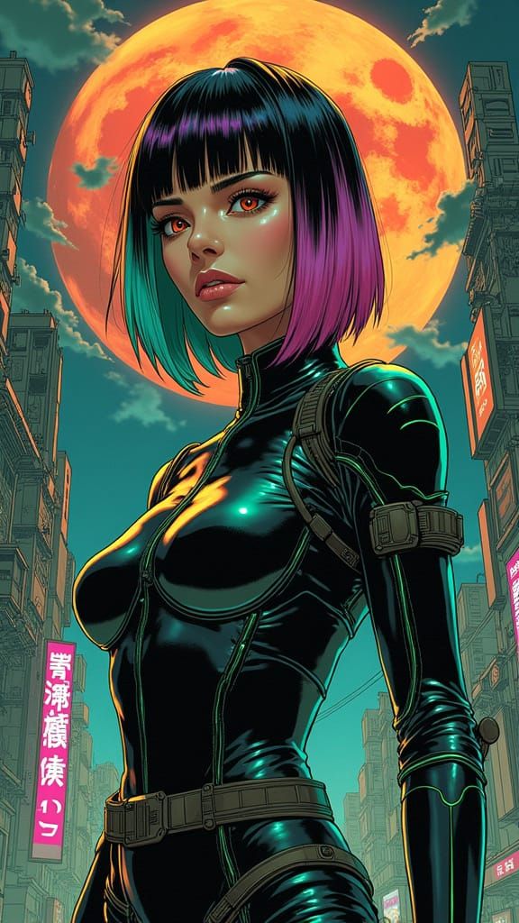 Cyberpunk Goddess in Dark Dystopian Metropolis