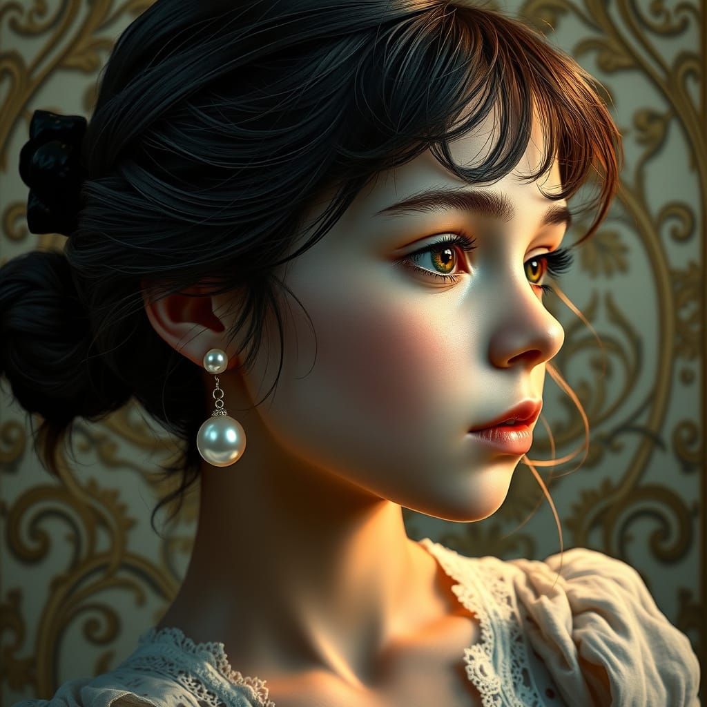 Ethereal Portrait of a Young Girl with a Pearl Earring in Ar...