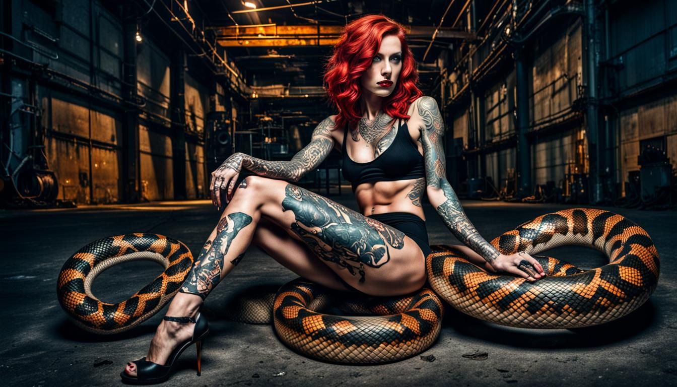 Tattooed Woman on Snake in Dystopian Cityscape
