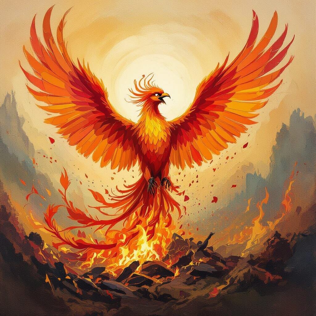 Phoenix Rebirth Amidst Fiery Ashes