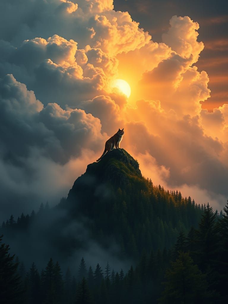 Lynx in Mountain Thunderstorm: Landscape Painting