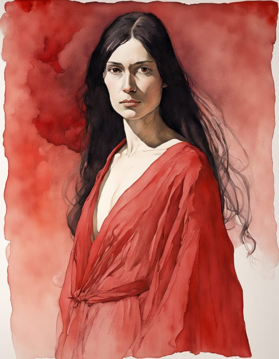 Elegant Woman in Red Robe, Watercolor Art