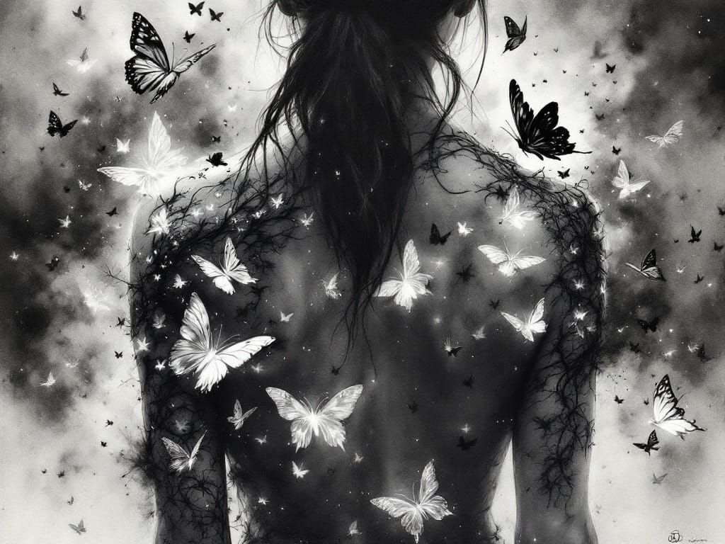 Woman's Back with Glowing Butterfly Tattoo in Misty Watercol...