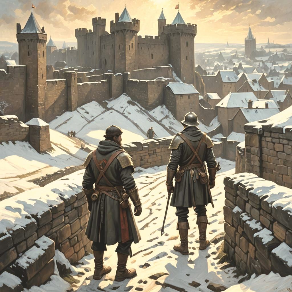 Winter on Caerleon Walls: Anime-Style Medieval Painting