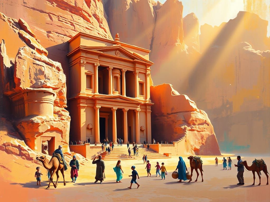 Petra's Golden Age: Impressionist Oil Painting of Ancient Jo...