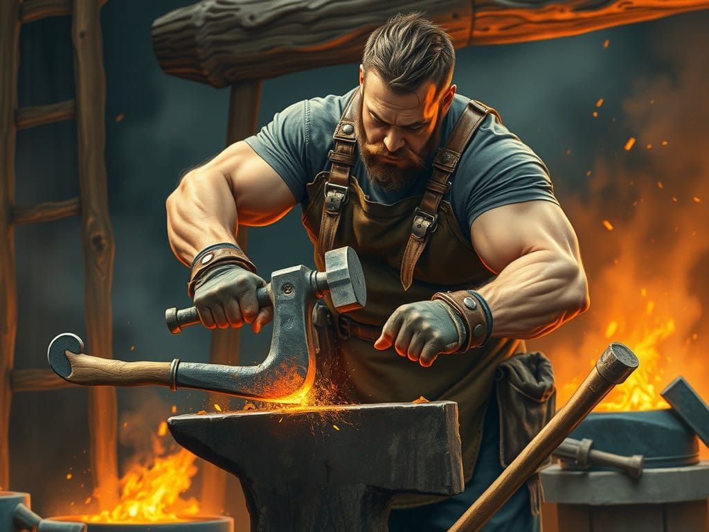 Blacksmith Forges Axe in Intense Forge Scene