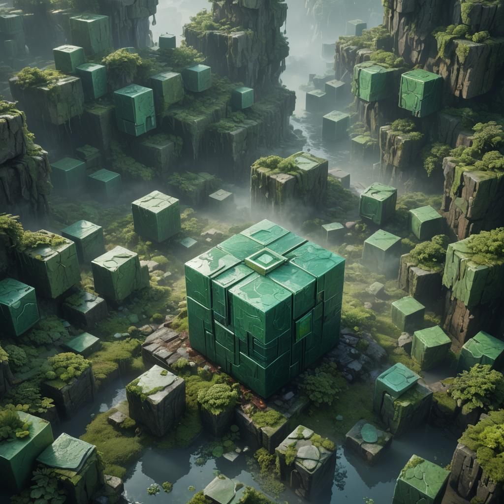 Misty Green Cube in Detailed Matte Painting Style