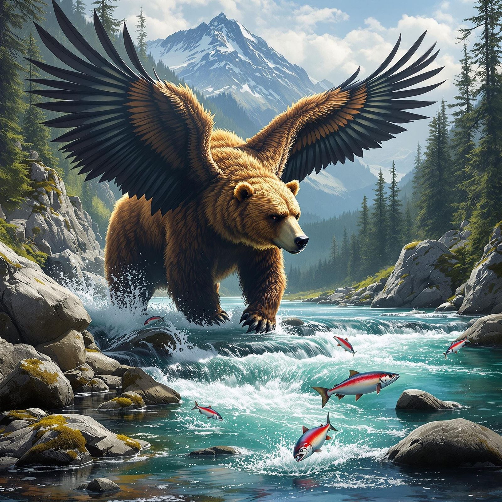 Grizzly Bear with Eagle Wings Hunts Salmon in Emerald Forest