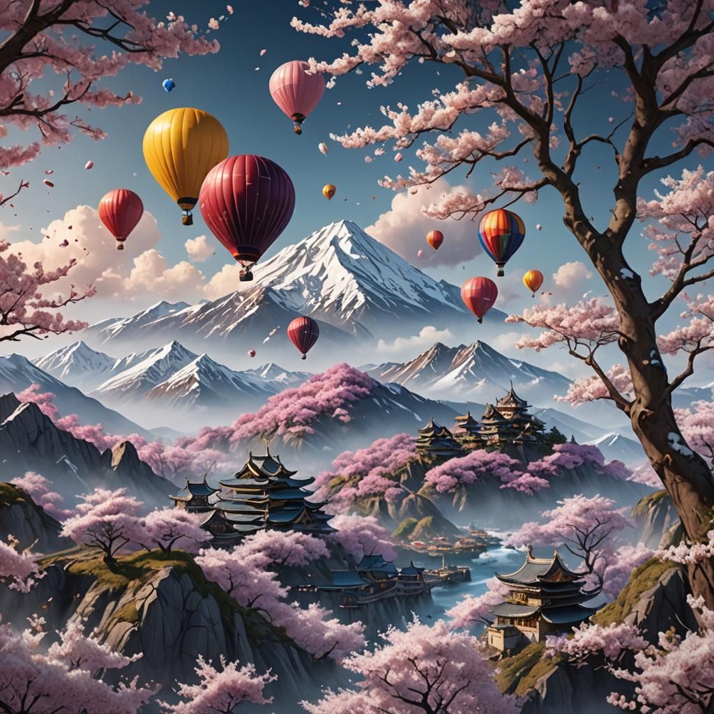 Erupting Snowy Mountains with Cherry Blossoms