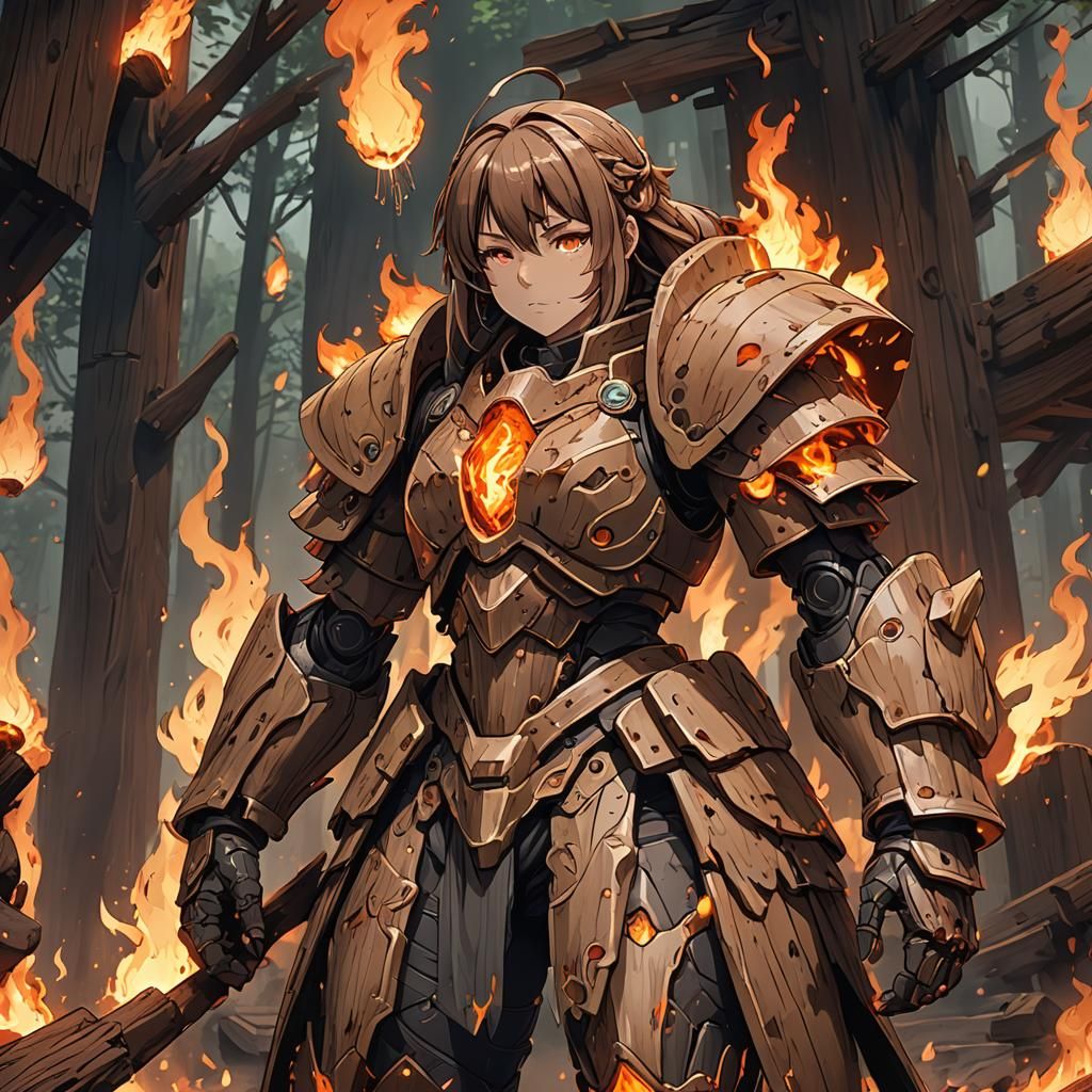 Anime Golem Girl of Wood and Fire in 2D Style