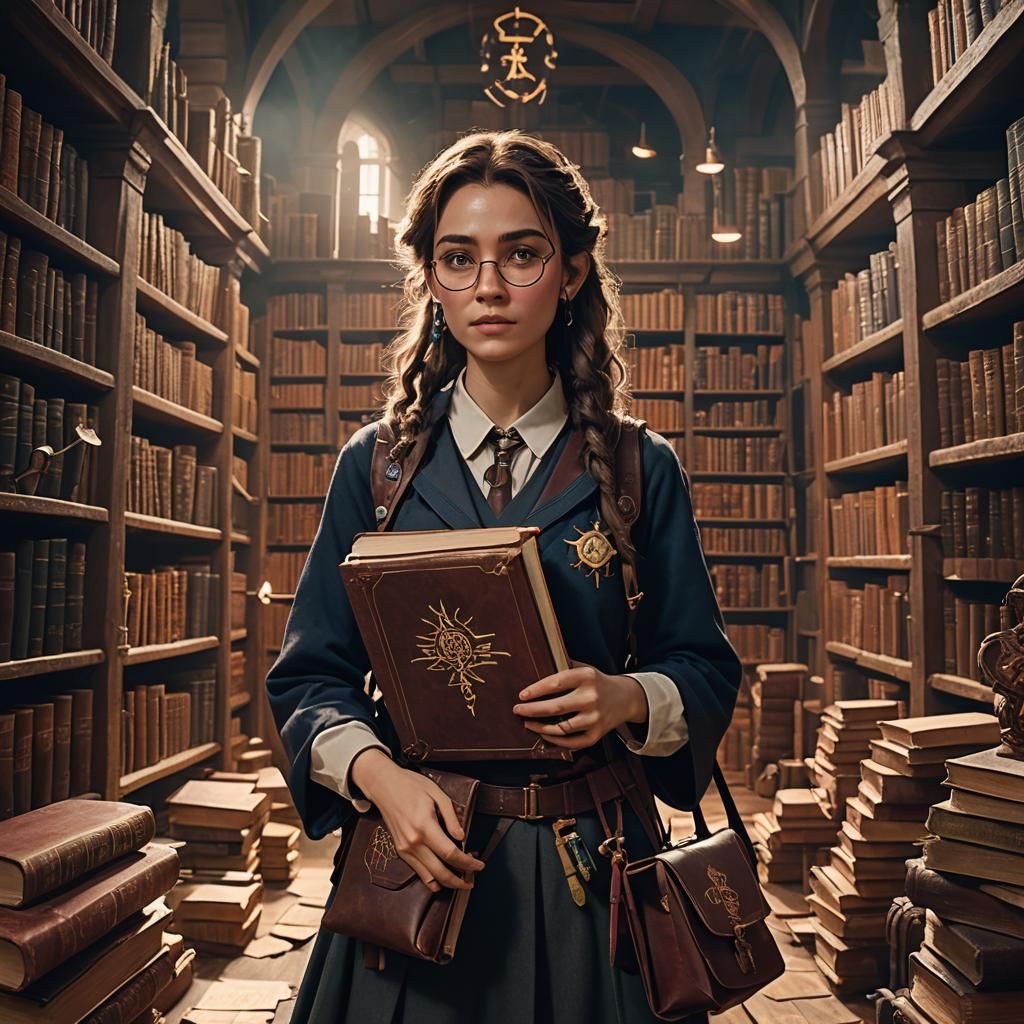 Young Wizard Student in Magical Library