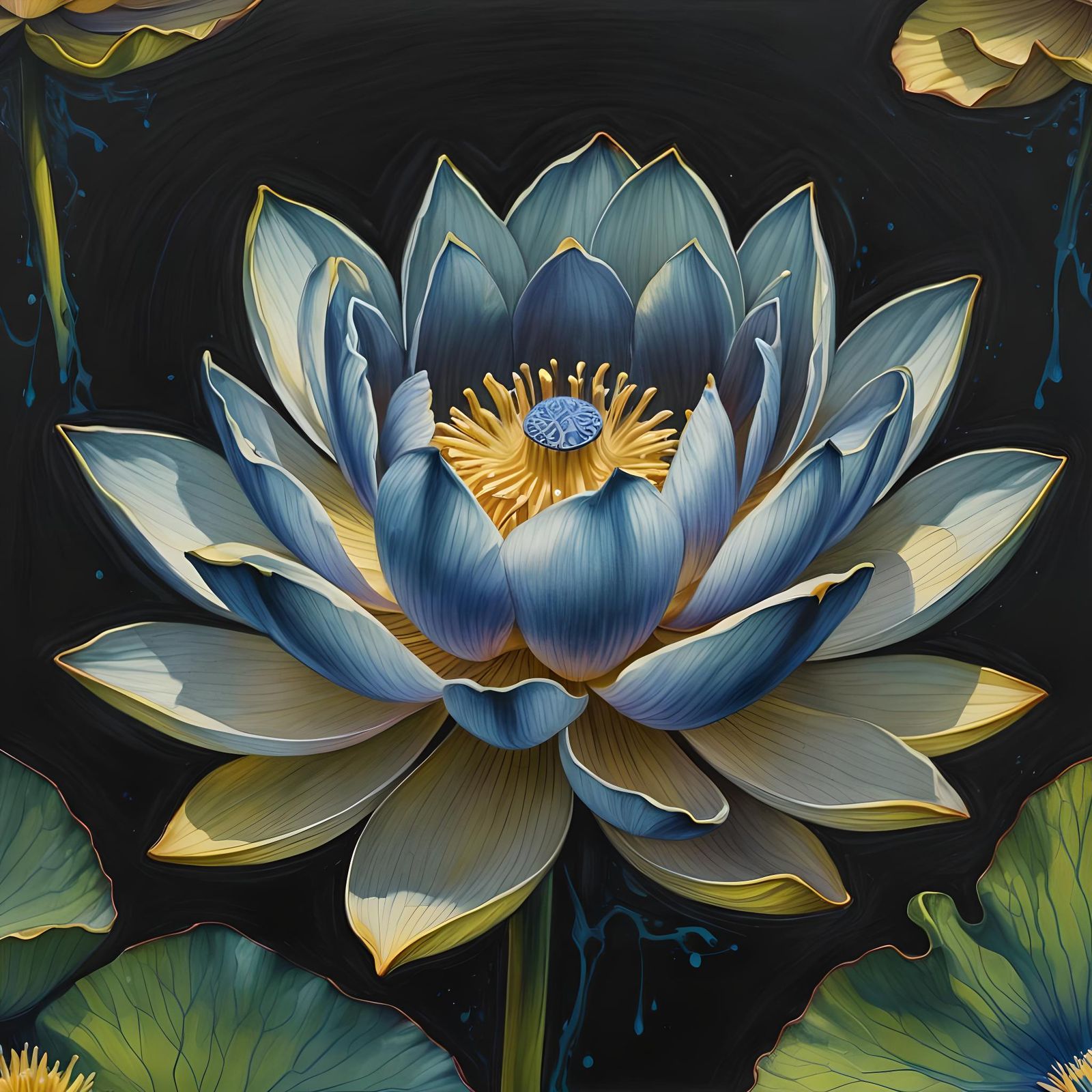 Psychedelic Blue Lotus Flower Color Pencil Sketch