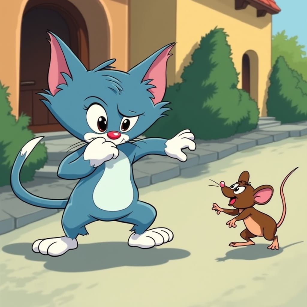 Cartoonish Cat Chases Mouse in a House