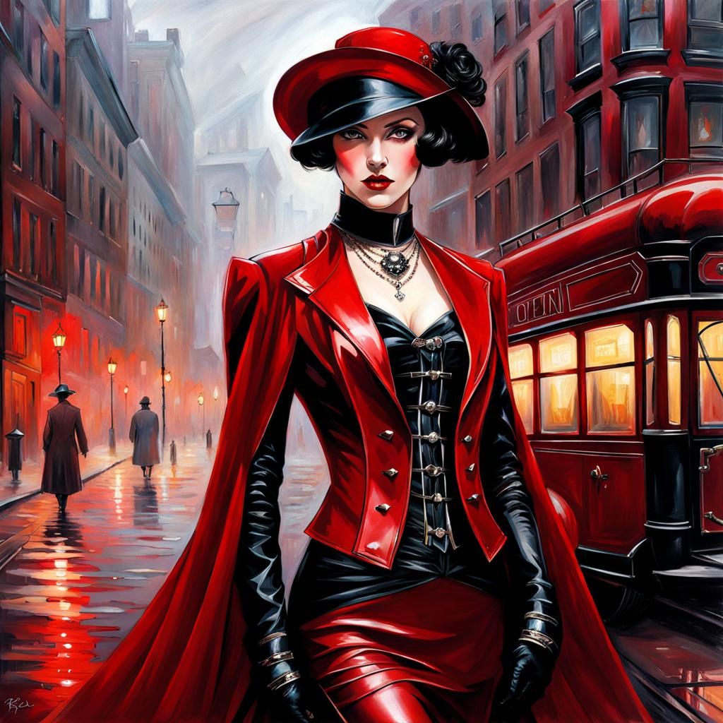 Gothic Woman in Red Leather in Foggy Boston