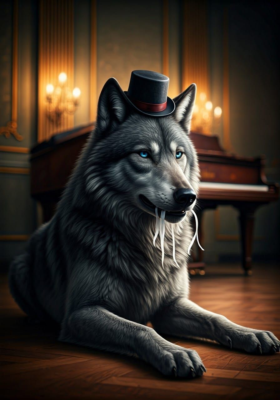 Regal Wolf in Top Hat Surrounded by Luxury