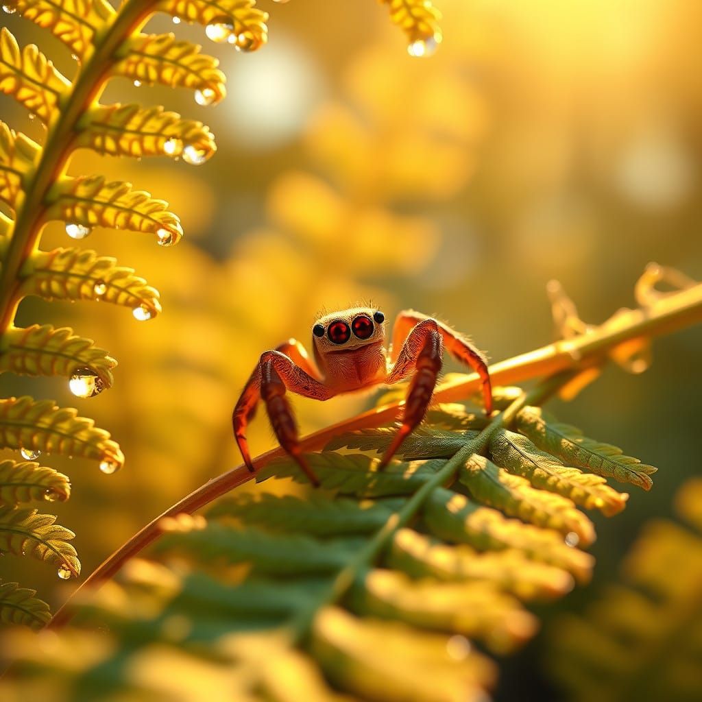 Whimsical Morning Scene with Jumping Spider on Fern Frond
