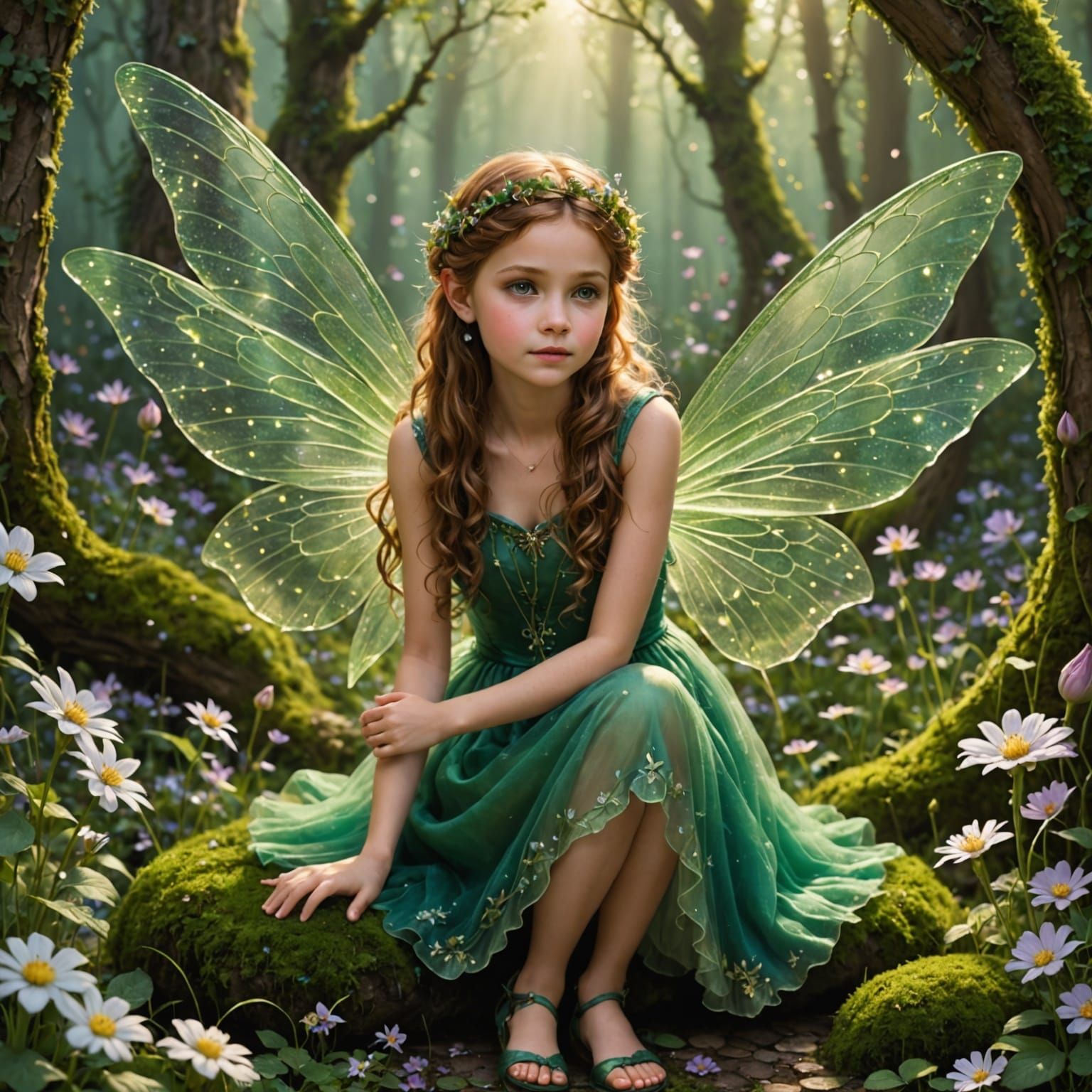 Delicate Fairy Perched Amidst Whispers of Ancient Forest