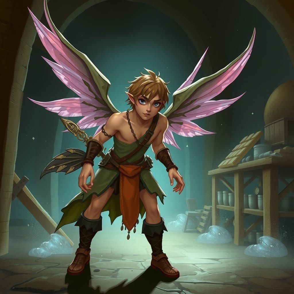 Winged Male Sprite in Medieval Warehouse