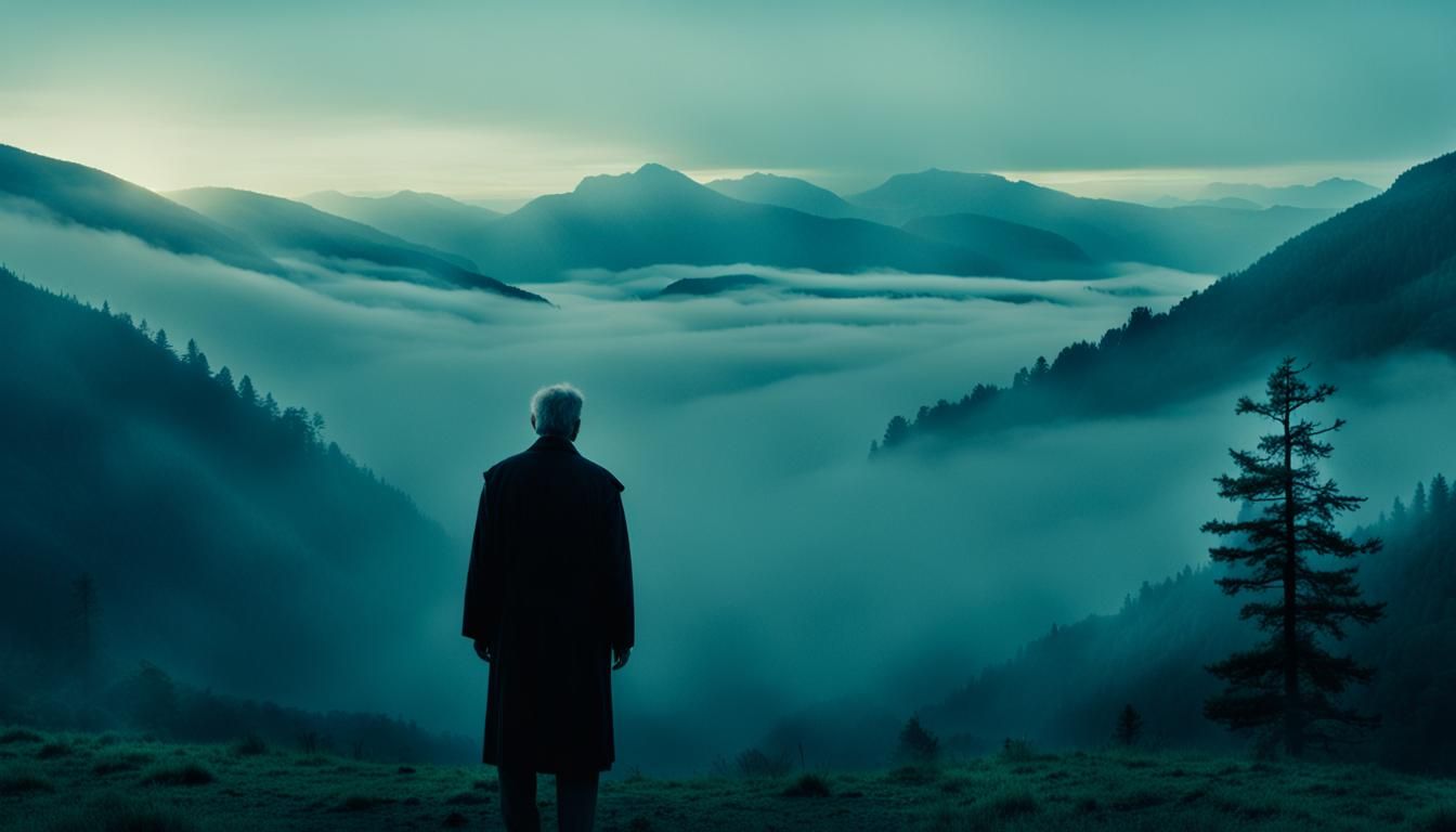 Wise Elder in Misty Mountain Landscape