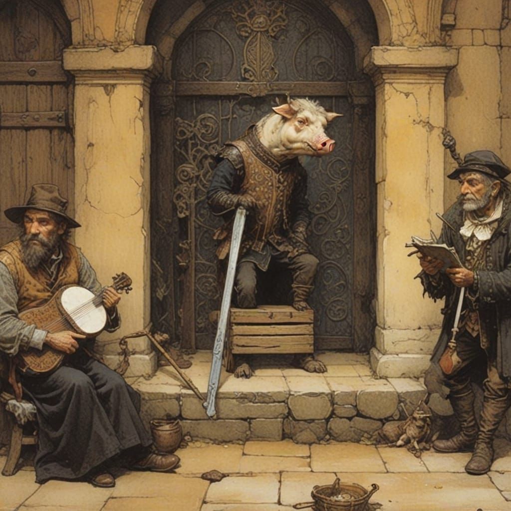 It is with genuine satisfaction that the minstrel, now tuning his harp, prepares to sing of this stricken pig man.