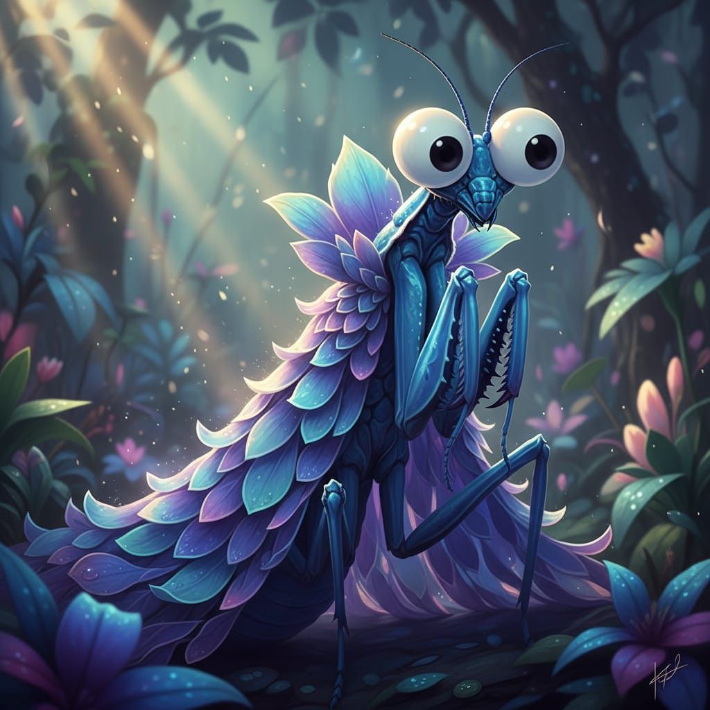 Blue Orchid Mantis Portrait in Flower Petal Cloak