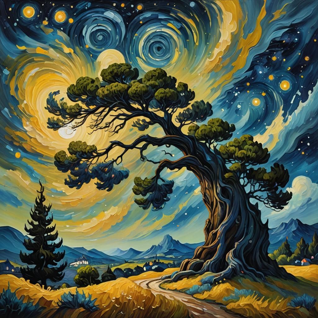 Serene Landscape Under Starry Night Sky as Oil Painting