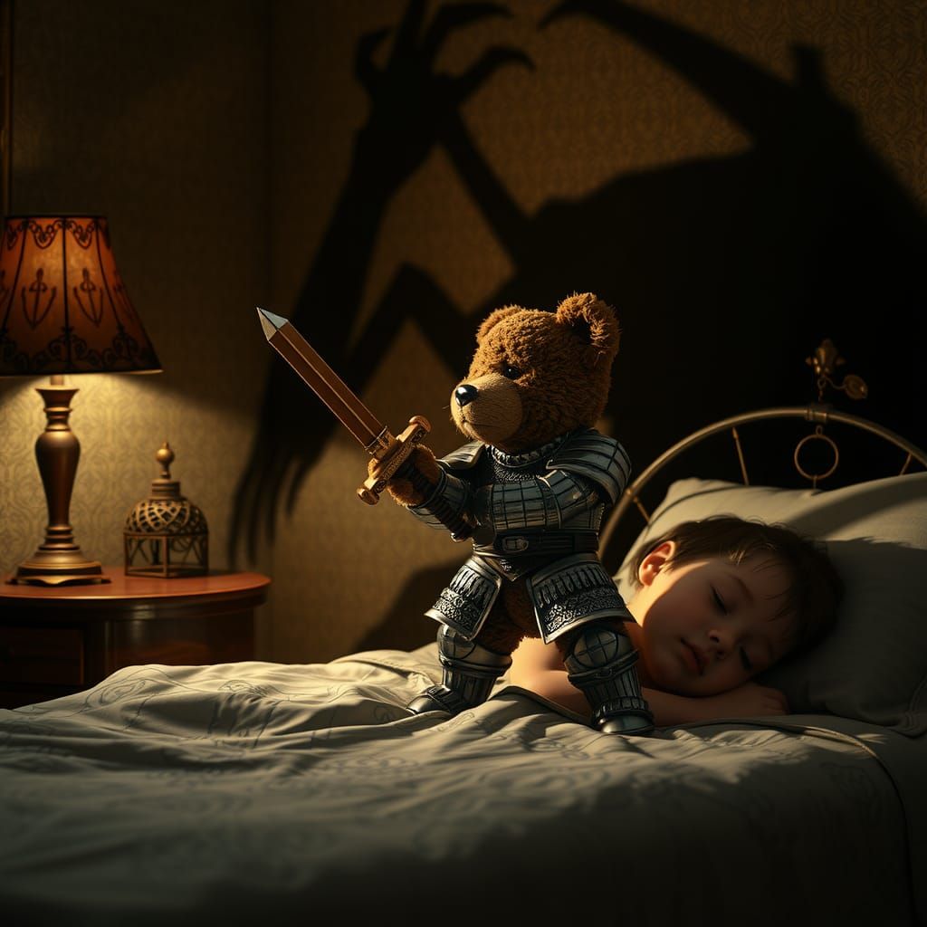 Teddy Bear Knight Protects Child, Art Nouveau Style