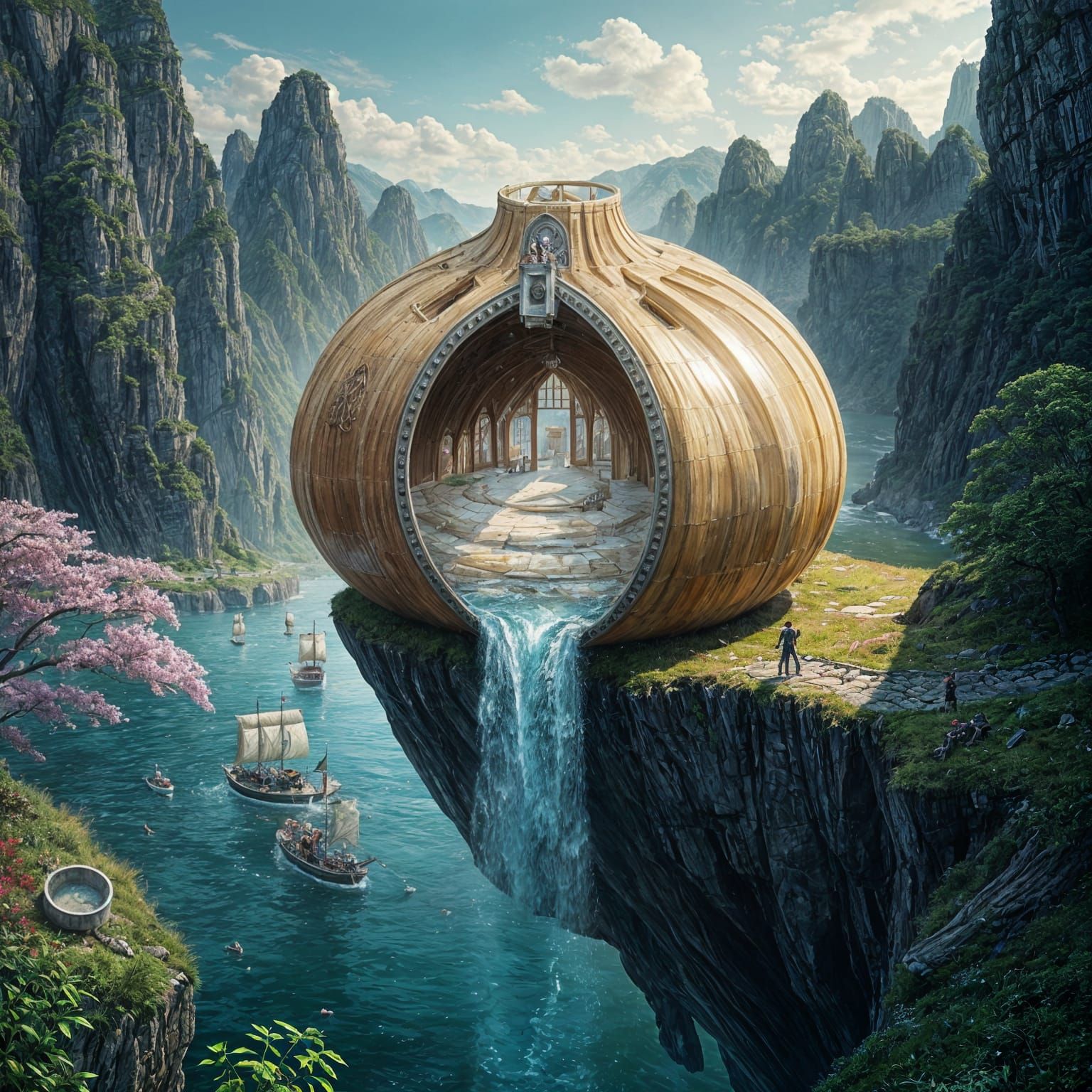 Giant Dumpling Cliffside Ranch Waterfall: Impasto Painting