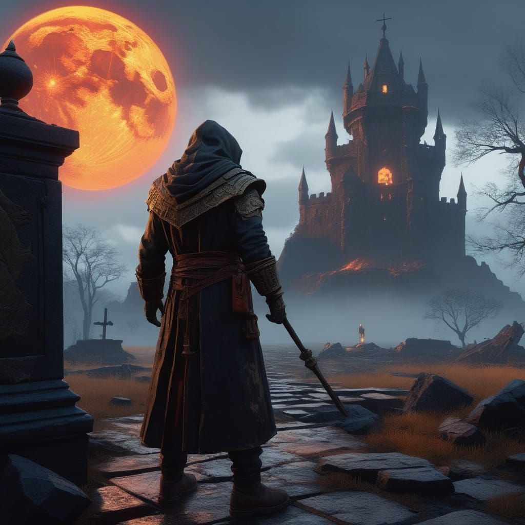 Dark Wizard Confronts the Ruins of a Forgotten Citadel