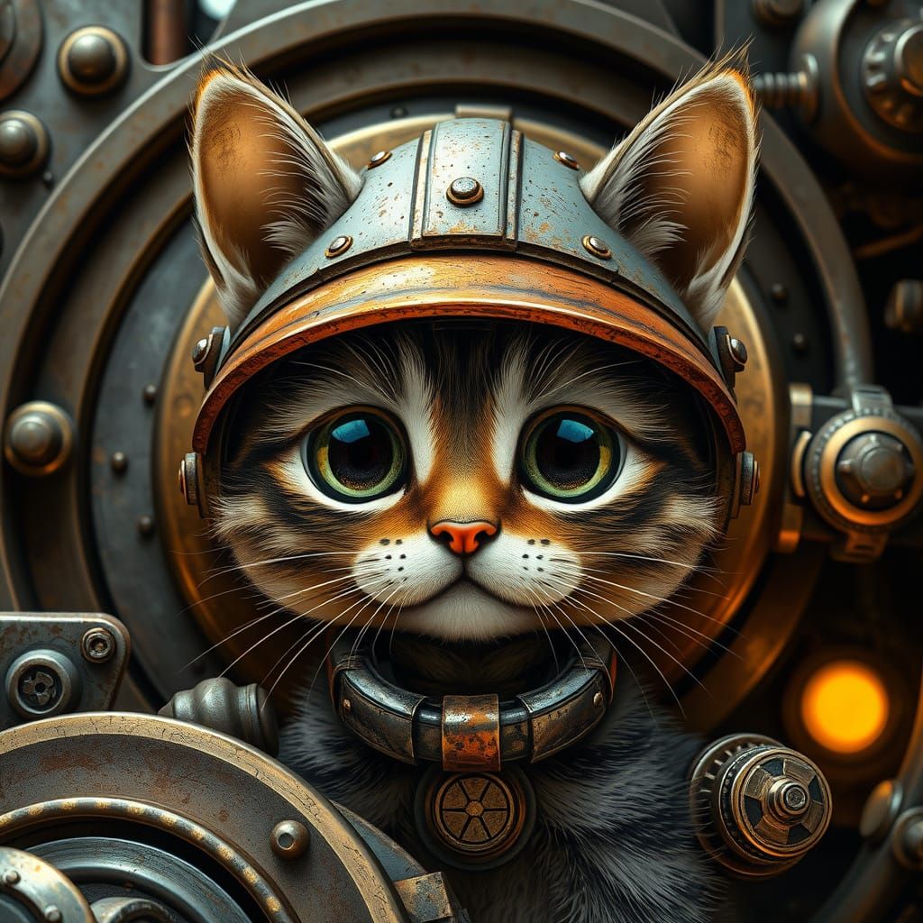 Steampunk Kitten in an Industrial Landscape