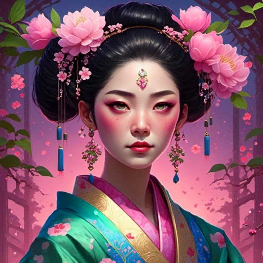 Green Eyed Geisha Portrait with Cherry Blossoms