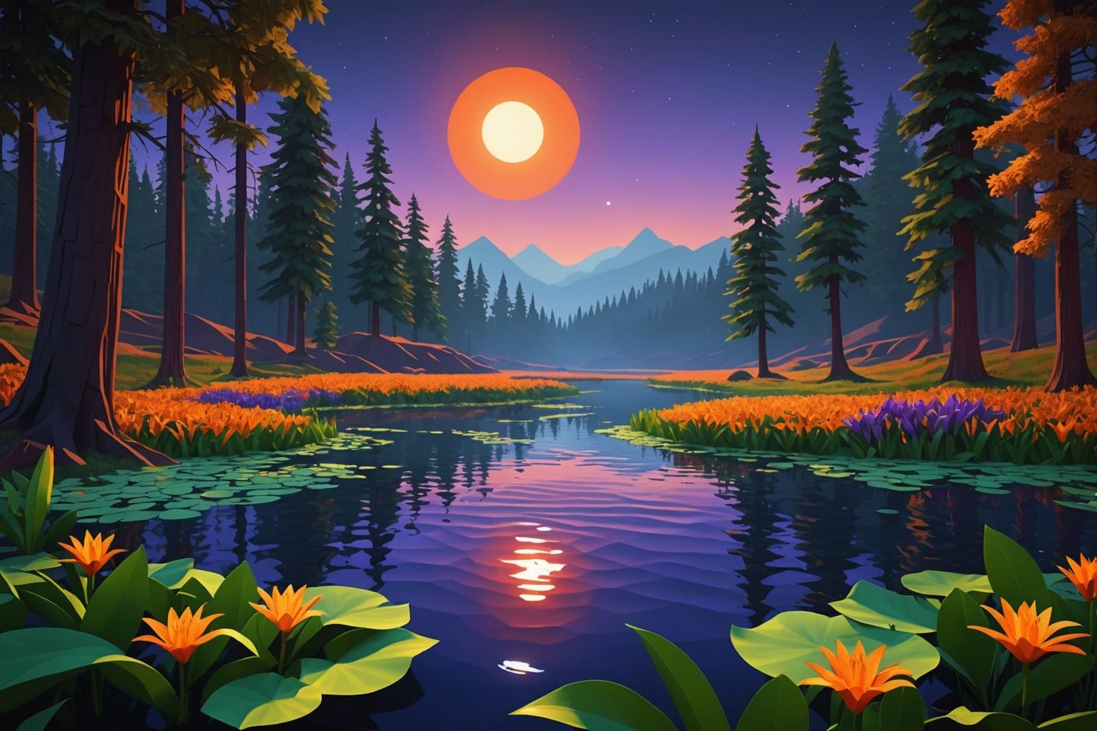 Vibrant Alien Landscape with Red Woods and Blue Sun